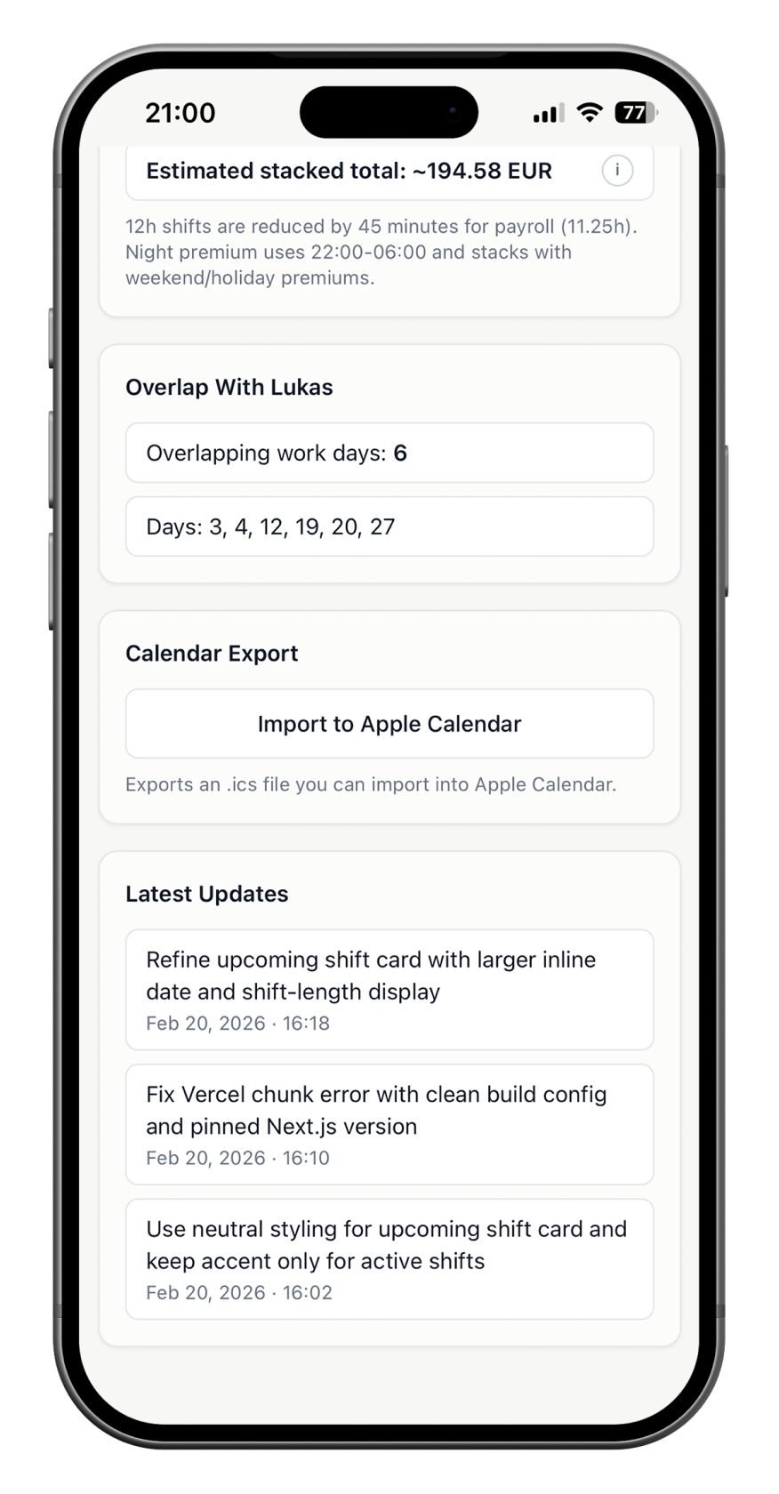 Shiftboard calendar details screen