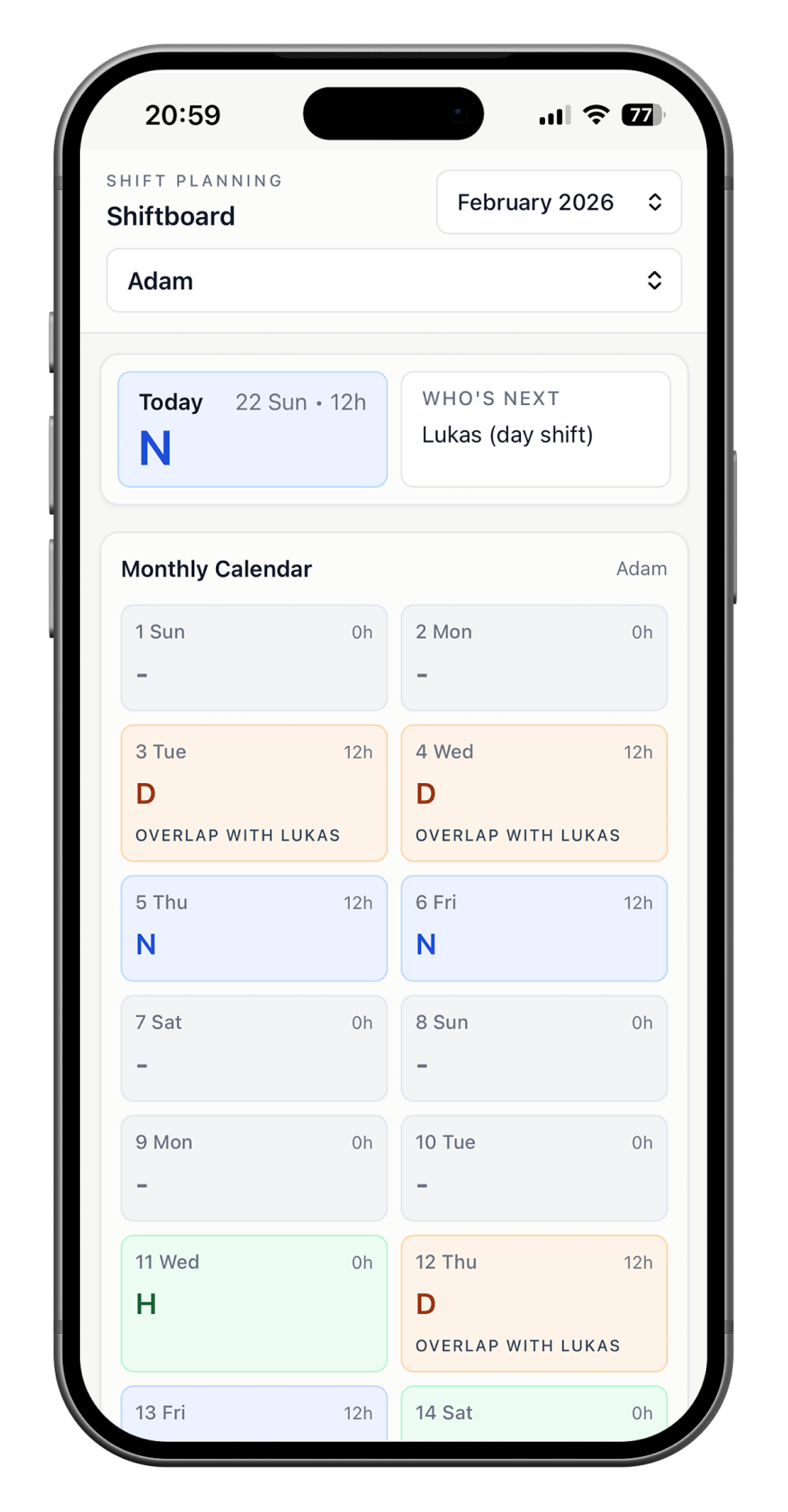 Shiftboard mobile schedule screen