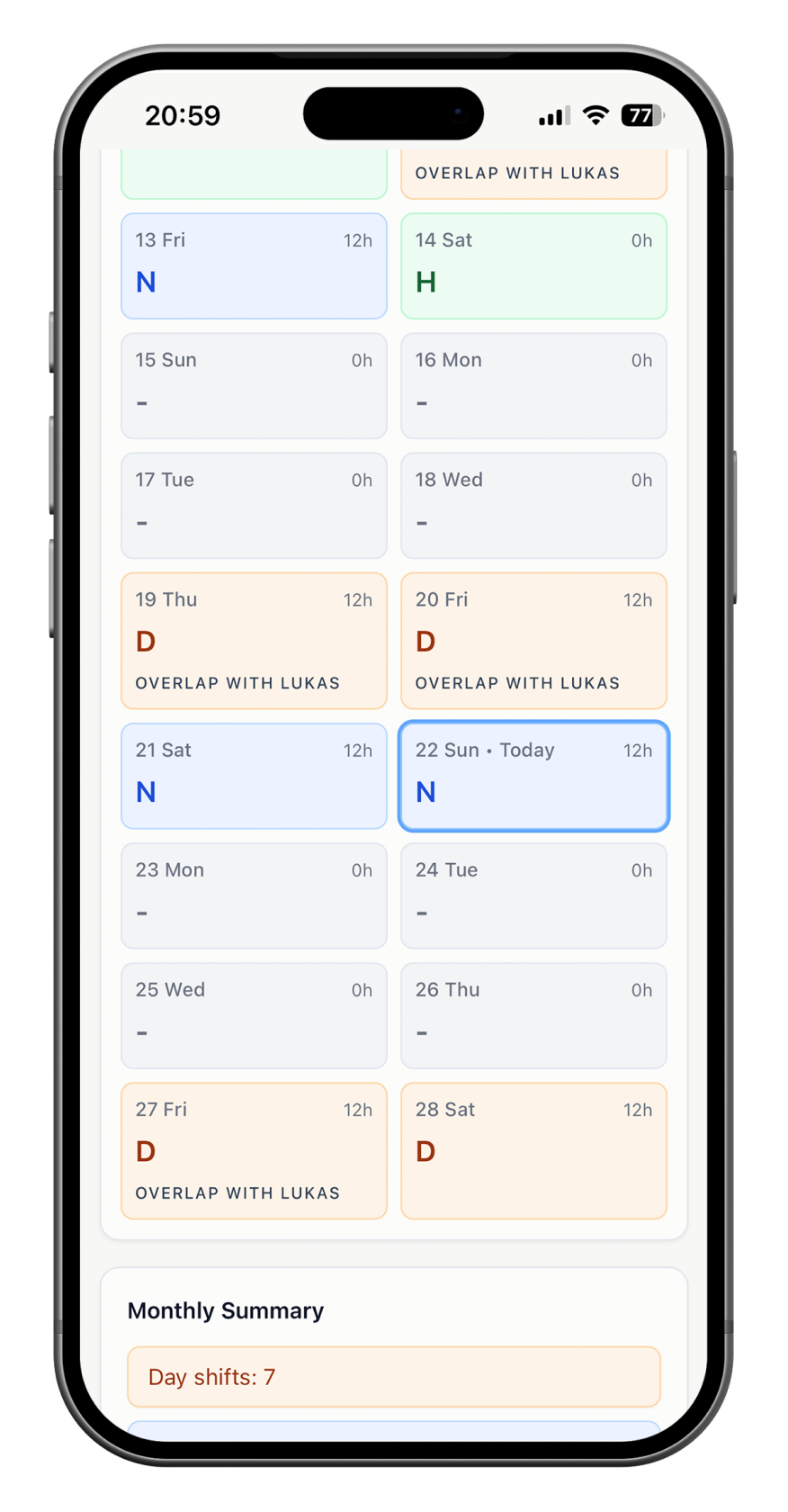 Shiftboard mobile team summary screen